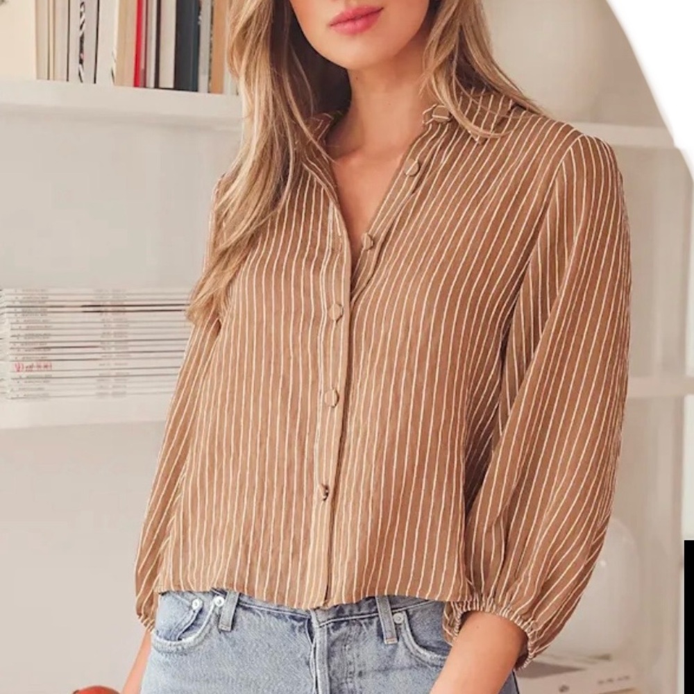 Lulus She's an Icon Brown Striped Puff Sleeve Button-Up Top Size Small